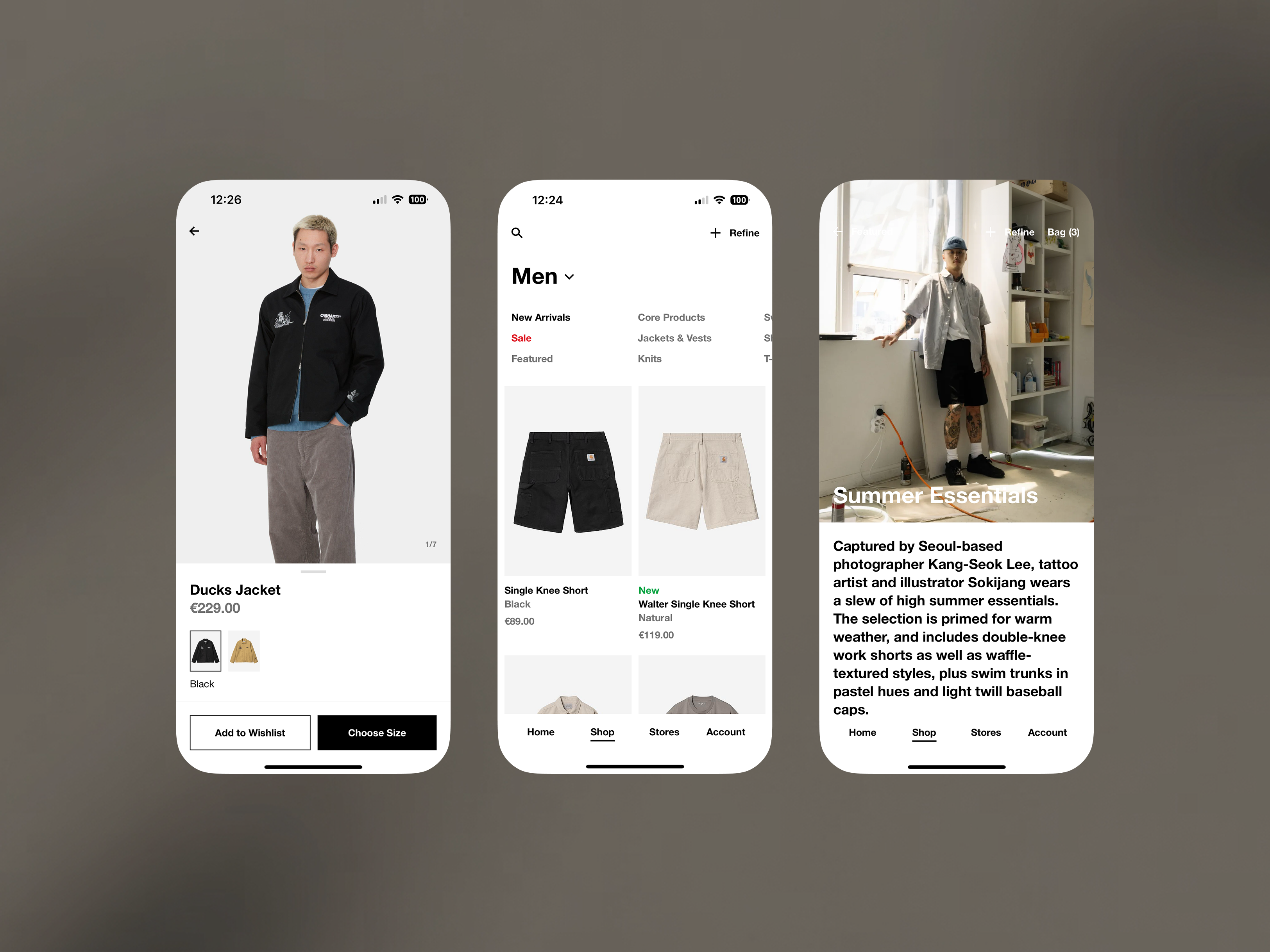 Carhartt WIP app product and editorial screens