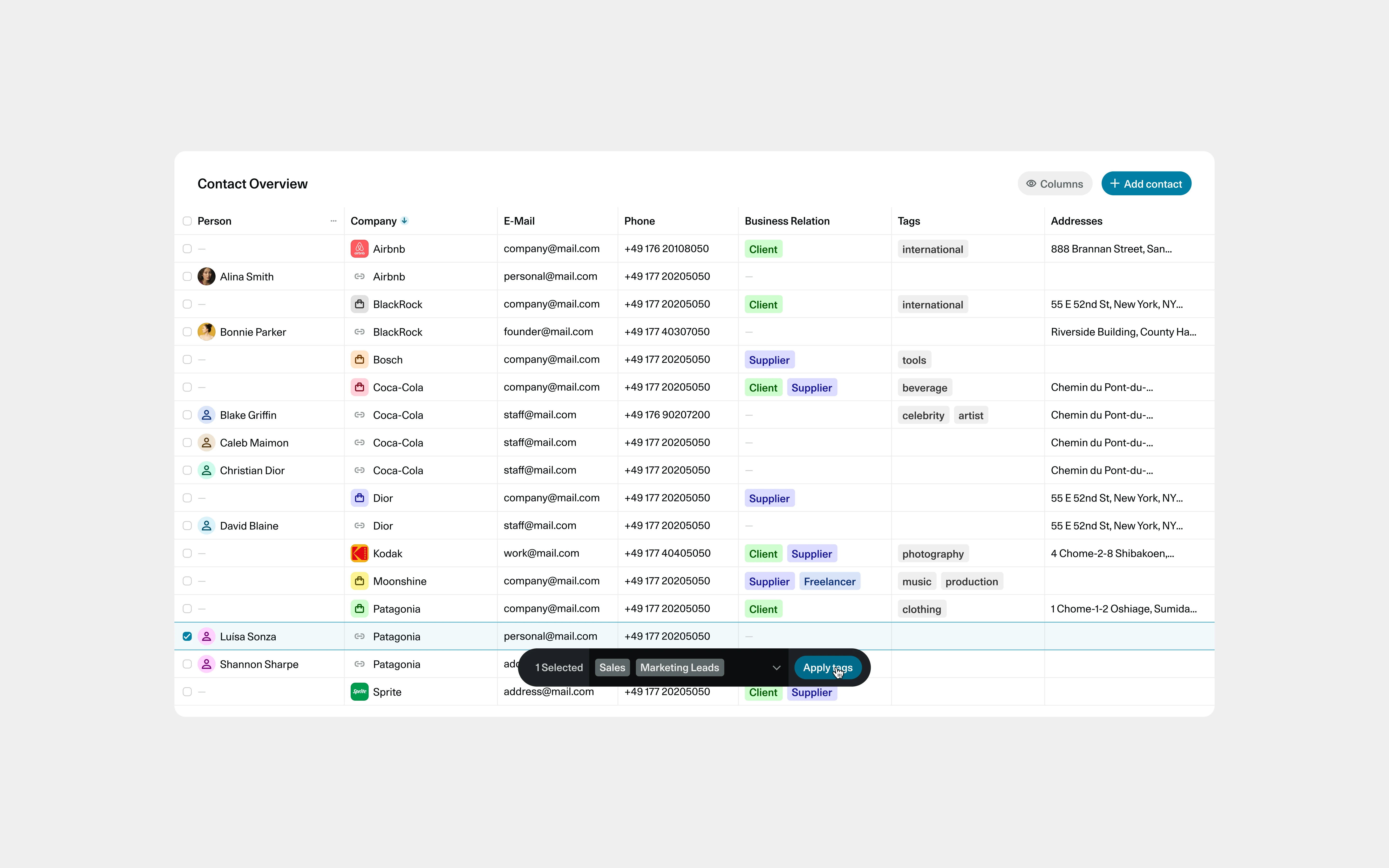 OS contact overview showing companies, people, business relationships and tags