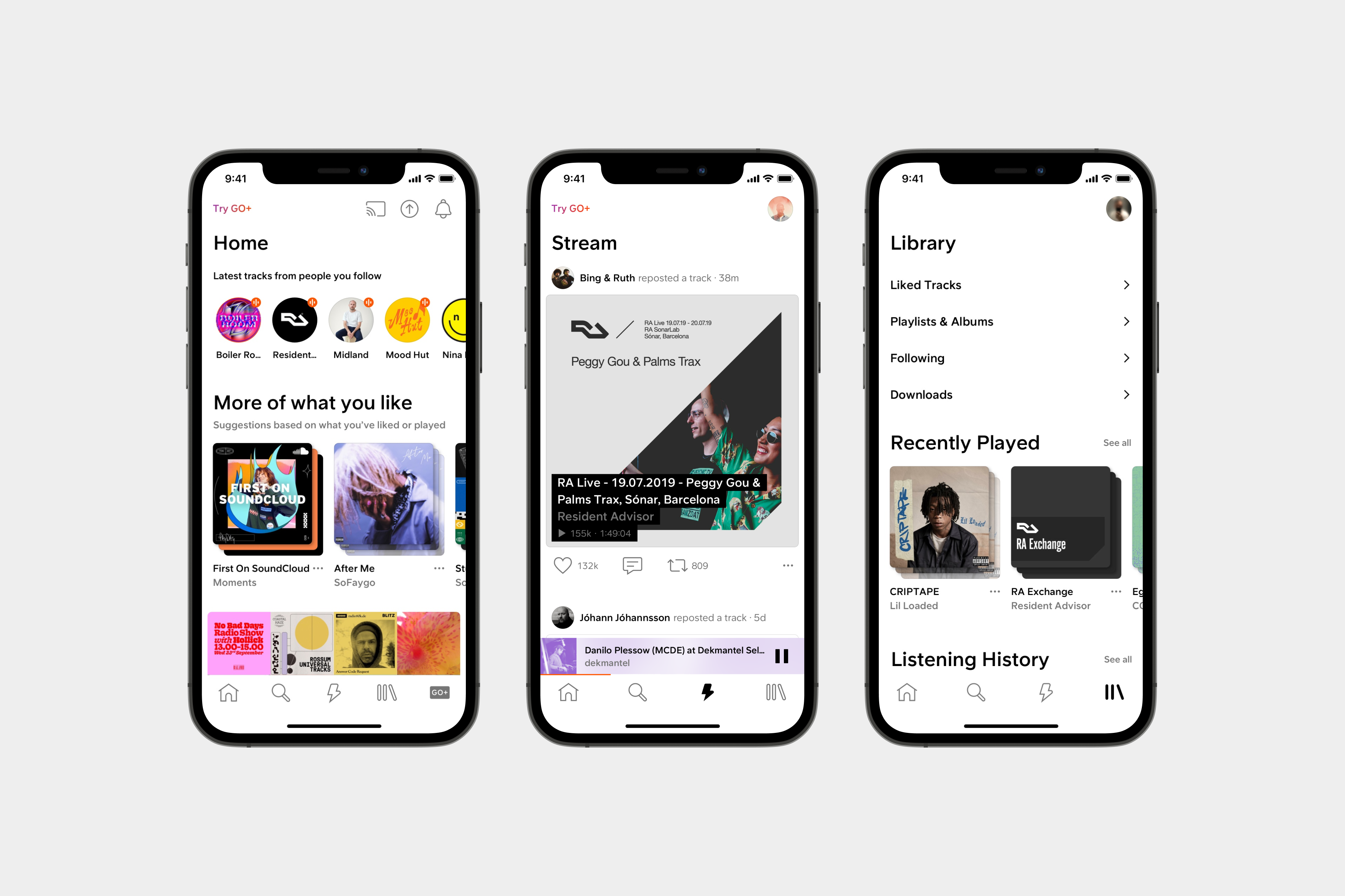 SoundCloud home, stream and library screens