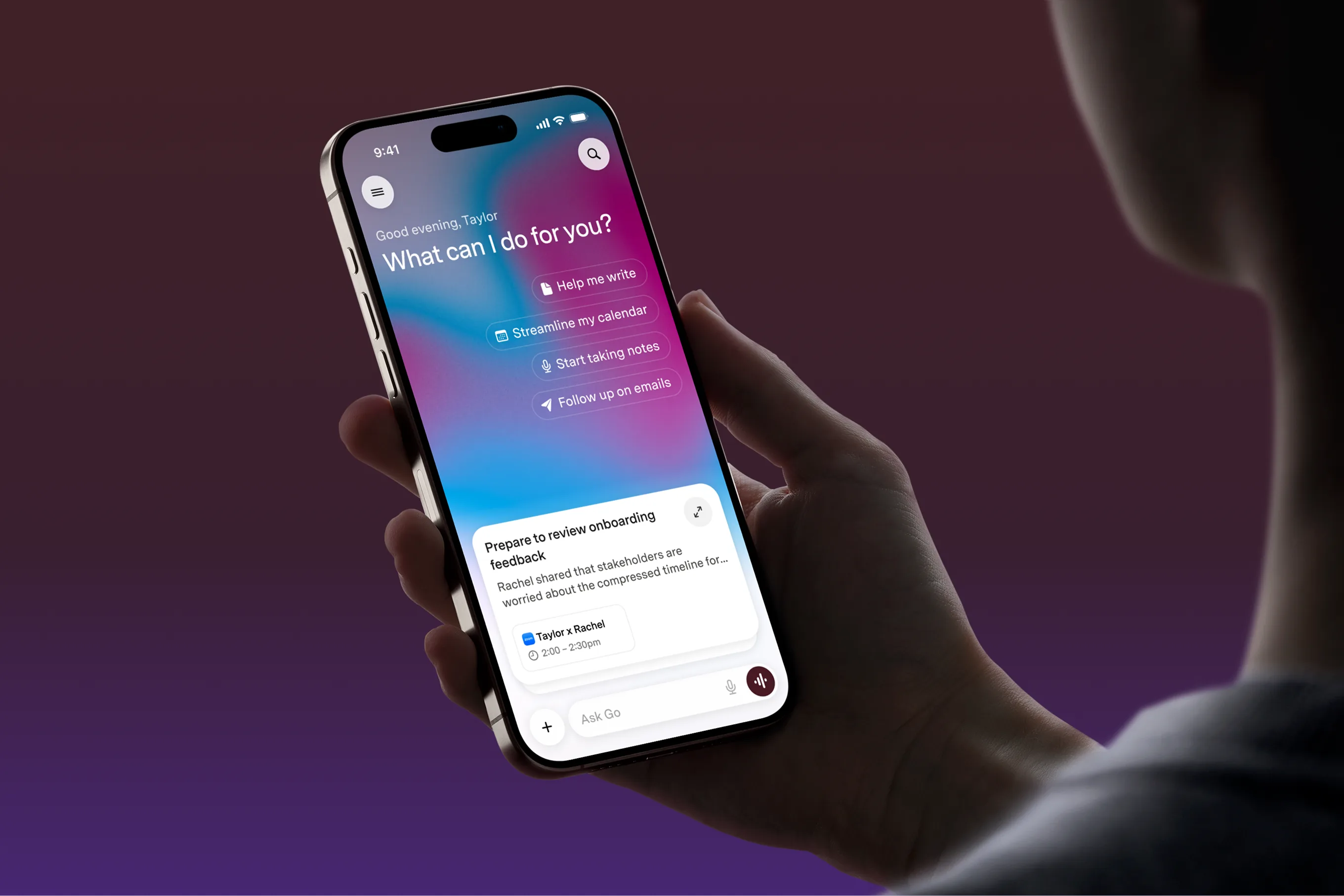 Superhuman Go assistant interface on a phone held in one hand